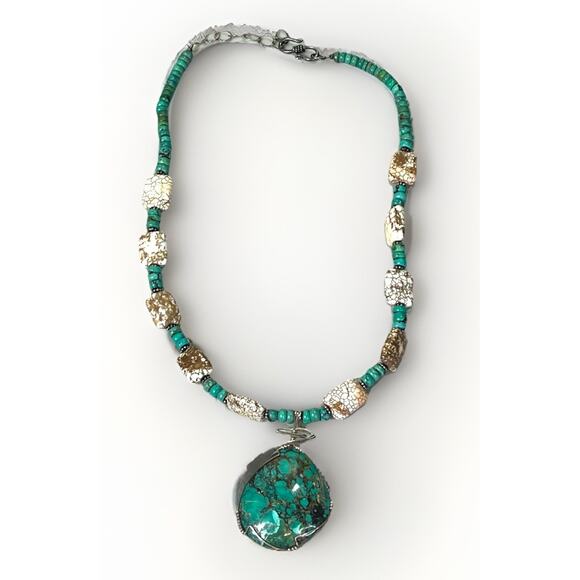 VTG Native American Sterling 925 Chunky Turquoise Agate Bead Statement Necklace - Picture 2 of 16